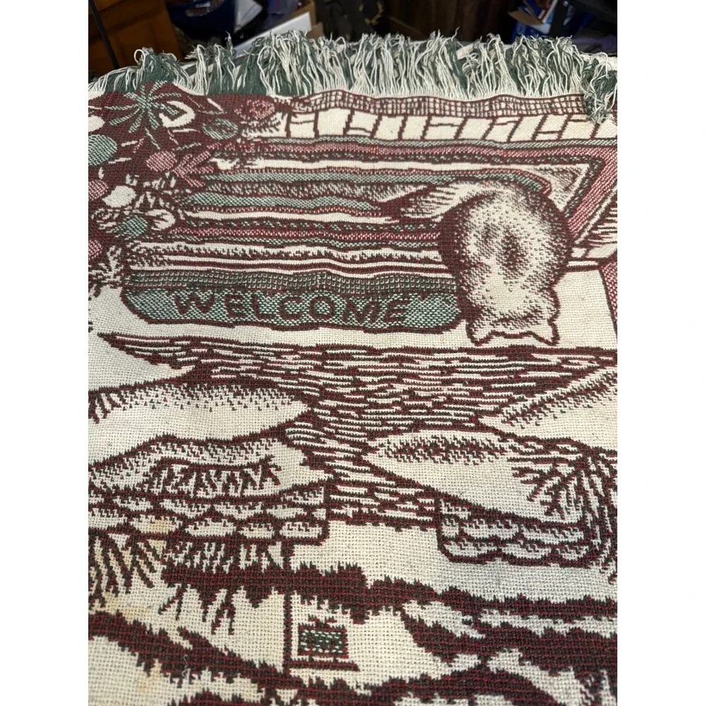 Vintage Woven Tapestry Throw Blanket Winter Cabin Welcome Cat Made in Spain